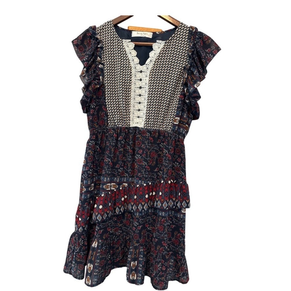 Dainty Habit Mixed Print Boho Mini Dress Crochet‎ Lace Ruffle Sleeve Sz M